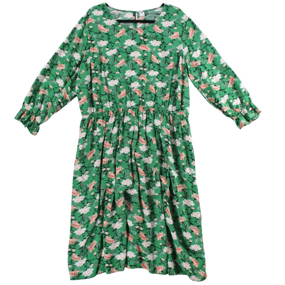 Old Navy Green Floral Fit and Flare Dress XXL Long Sleeve Ruffle Cuff Elastic